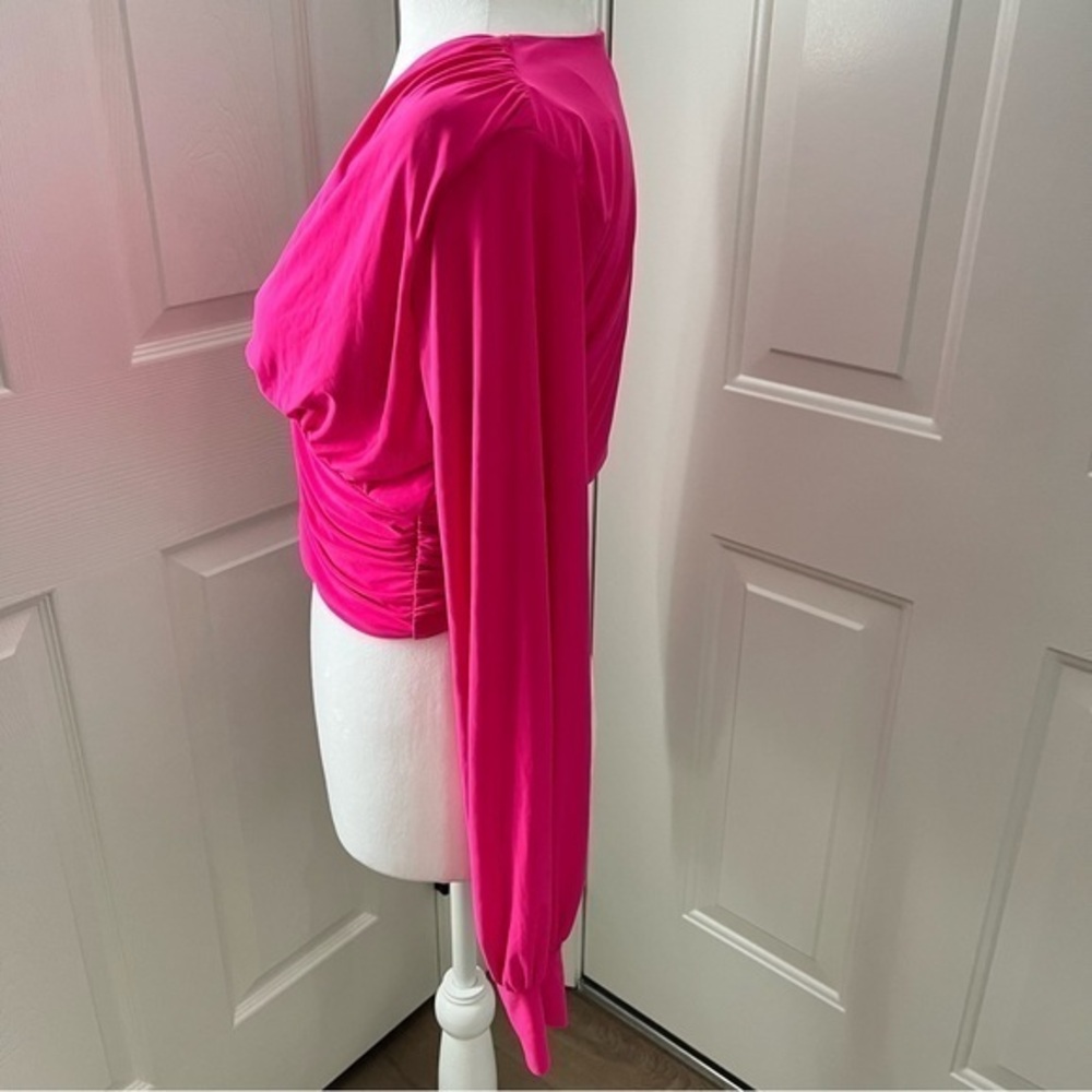 21 Saints Women Cropped Pink Long Sleeve Plunge Blouse Ruched‎ 34”Chest Crop Top - Picture 4 of 9